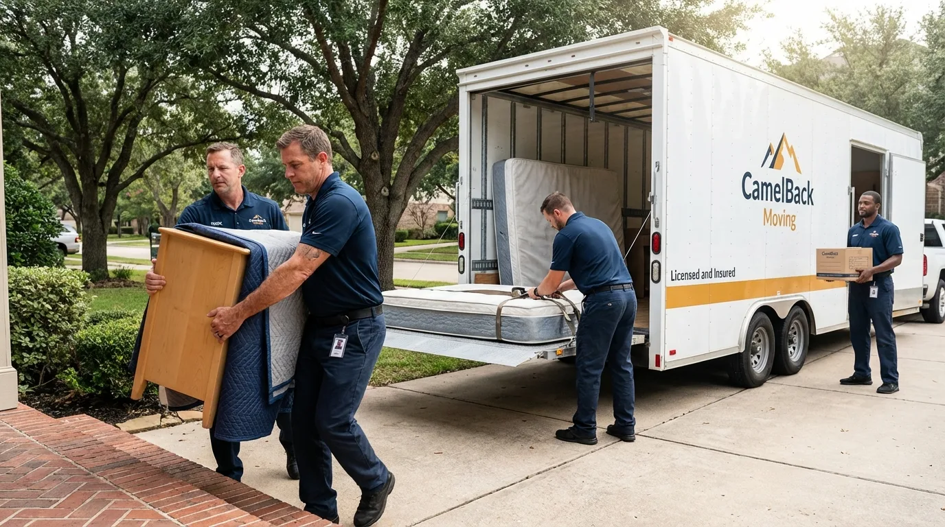 Crew loading residential truck for cross-state move from Bucksport, ME