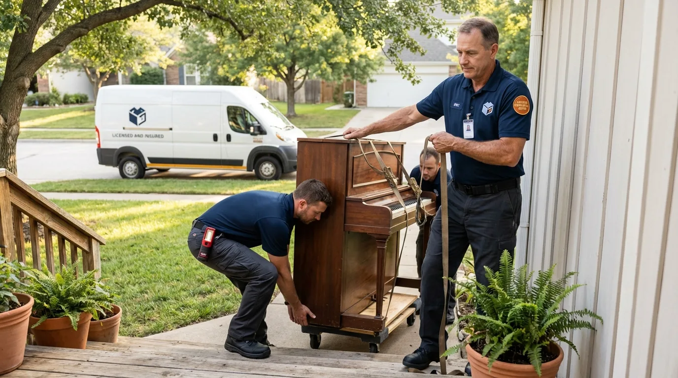 Licensed piano movers securing grand piano in Bucksport, ME