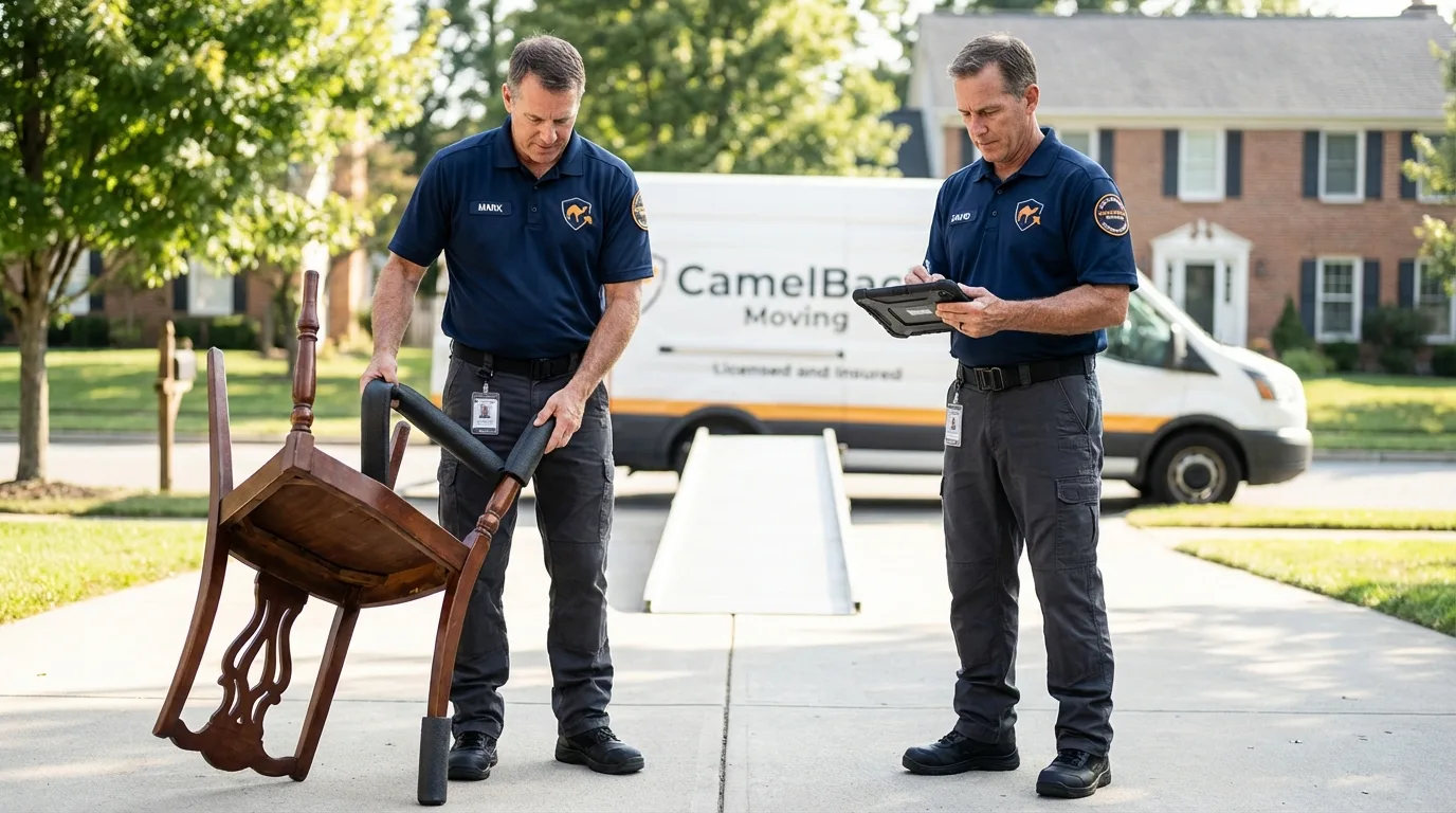 Movers inspecting furniture for damage prevention before loading in Bucksport, ME