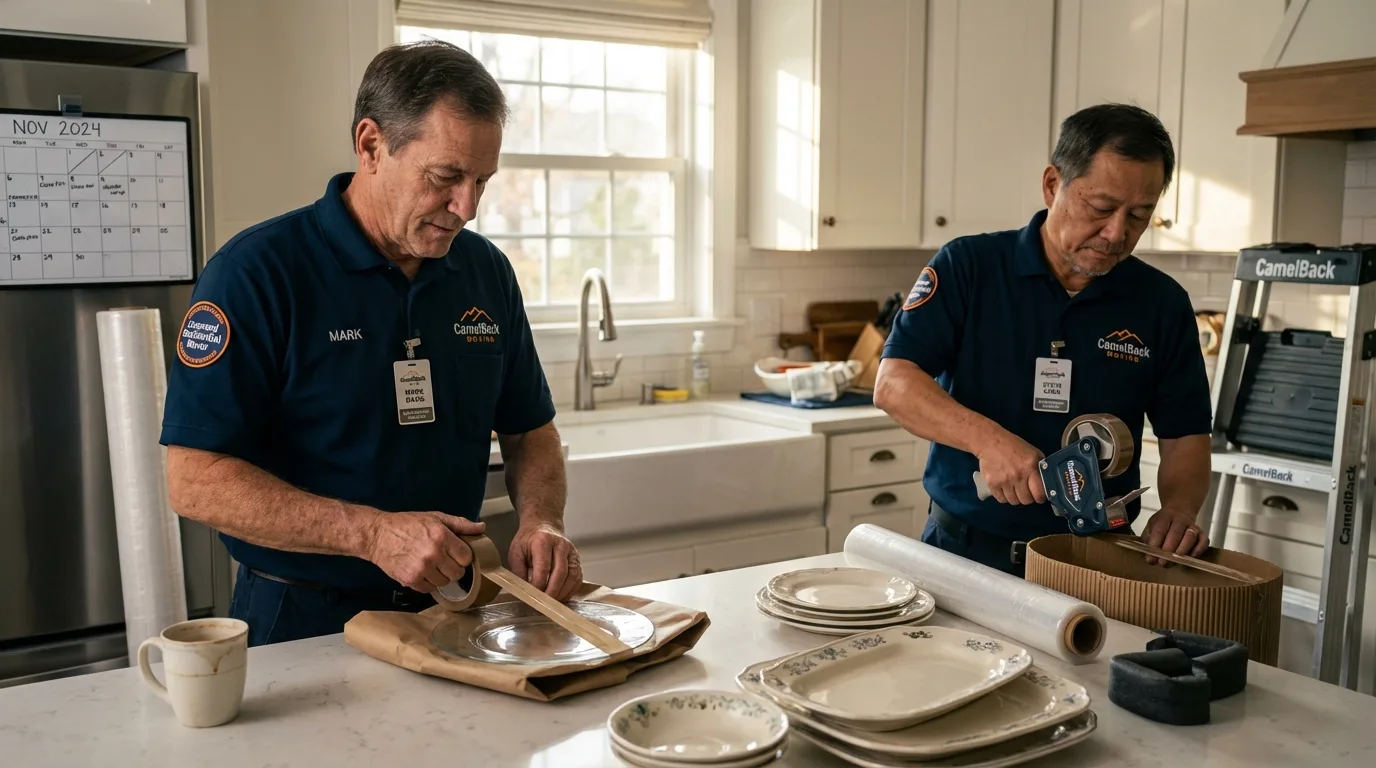 Professional crew packing kitchen dishware in Bucksport, ME